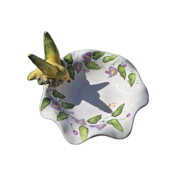 Handmade Artisan Ceramic Pottery Bird Feeder Bath Planter Yellow Koi Birds - Picture 2 of 5